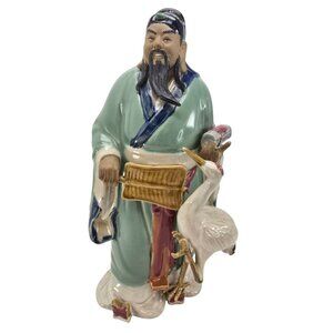 Vintage Asian Wise Man Figurine With Crane Hand-Painted Porcelain Statue JE248